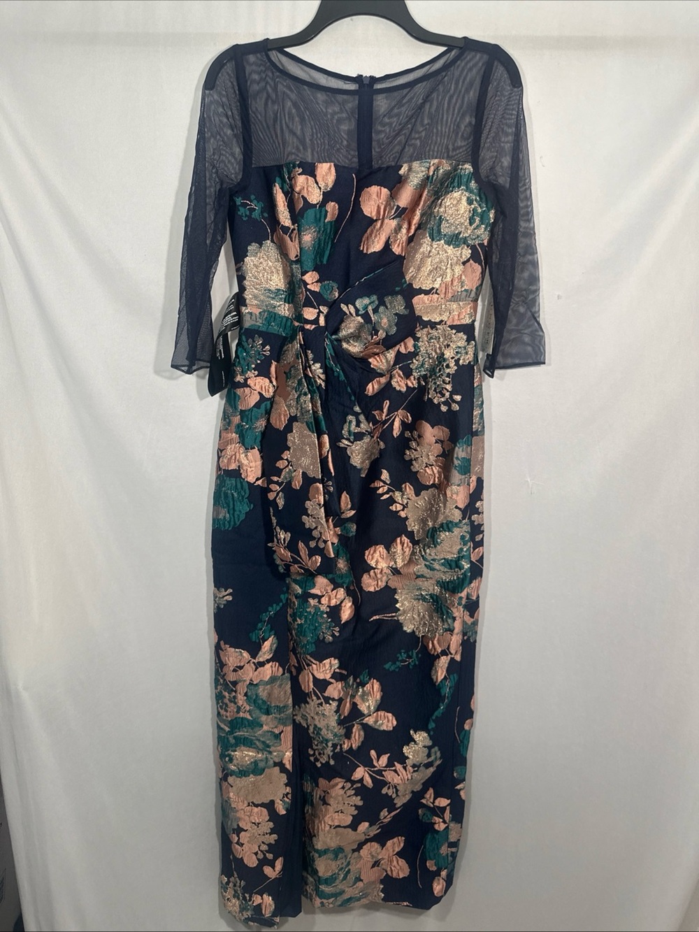 NWT $318 Kay Unger [ 6 ] Floral Jacquard Catrina 3D Bow‎ Gown Navy ApricotBlue - Picture 9 of 15